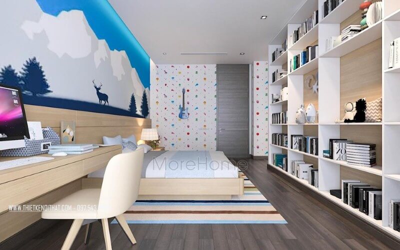 Trang trí nội thất phòng ngủ con đẹp, sinh động với tranh, giấy dán tường bắt mắt. Thiết kế chung cư