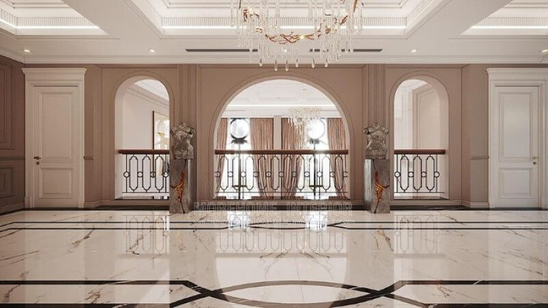 Đá lát sàn đẹp ấn tượng cho không gian hành lang sang trọng. Mẫu nội thất biệt thự đẹp