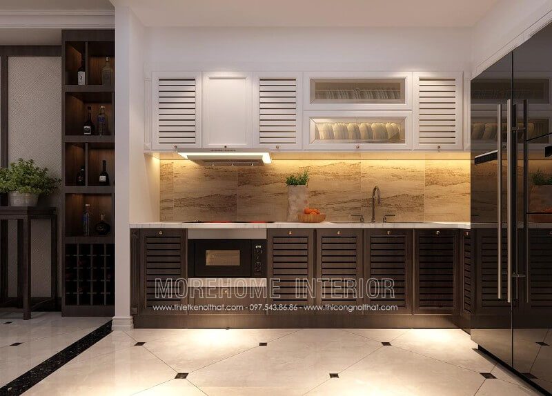 Thiết kế tủ bếp cho chung cư, nhà phố phong cách hiện đại, chất liệu gỗ sồi phun sơn nhập khẩu kết hợp thiết bị nhà bếp hiện đại đã phát huy được tối đa công năng sử dụng cũng như mang lại vẻ đẹp sang trọng cho không gian. Thiết kế phòng bếp, tủ bếp đẹp