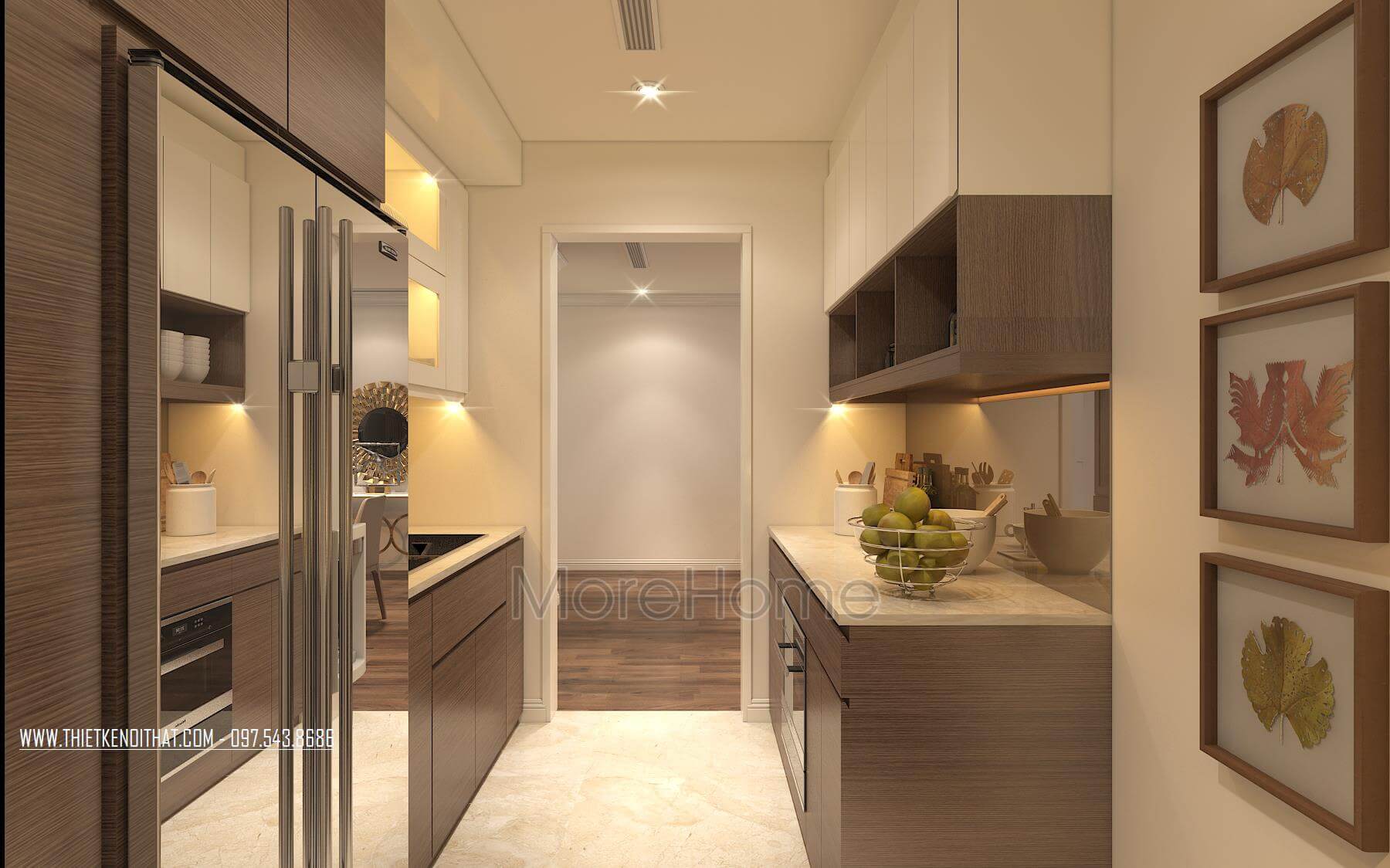 Thiết kế nội thất phòng bếp công năng với mẫu tủ bếp gỗ công nghiệp MDF có màu sắc và vân gỗ tạo sự ấm áp, thân thiện giúp các bà nội trợ thêm yêu không gian bếp của mình. Thiết kế và sản xuất tủ bếp đẹp