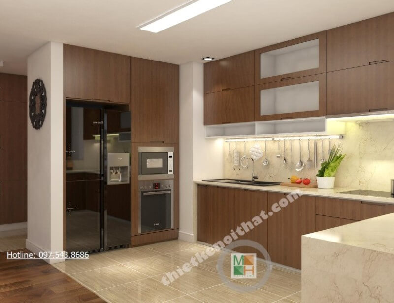 Tủ bếp đẹp kết hợp tủ bát và kệ gia vị đem đến một phòng bếp đầy đủ công năng Thiết kế và sản xuất tủ bếp đẹp