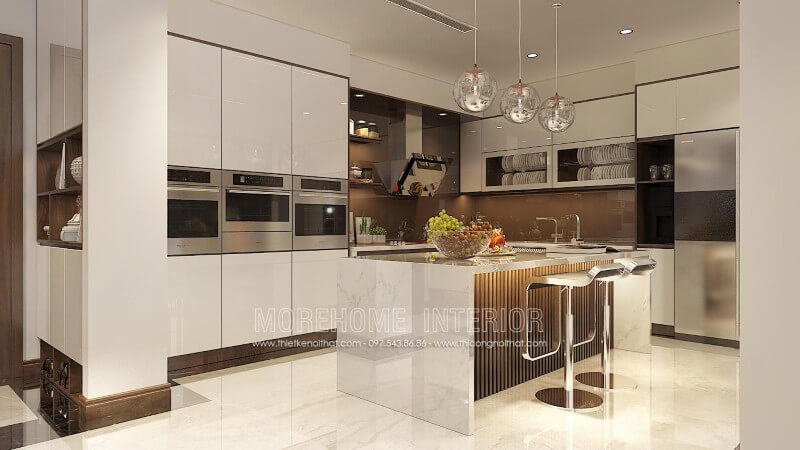 Thiết kế tủ bếp chữ L hiện đại, tone màu trắng chủ đạo tạo nên một không gian đầy sang trọng và không kém phần đẳng cấp, tinh tế Thiết kế và sản xuất tủ bếp đẹp