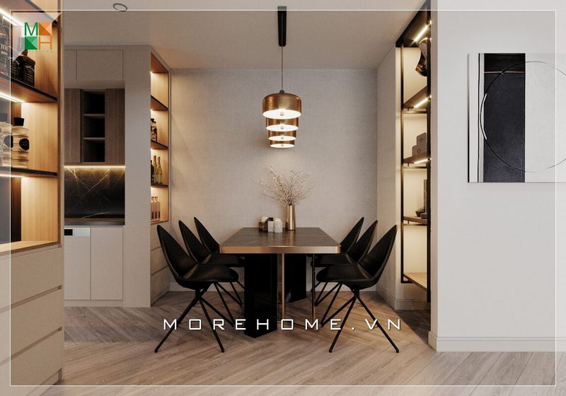 Phòng ăn của chung cư có diện tích nhỏ thu hút nhờ bố trí bàn ăn mặt đá phản chiếu ánh sáng từ hệ thống đèn chiếu từ trần ấn tượng