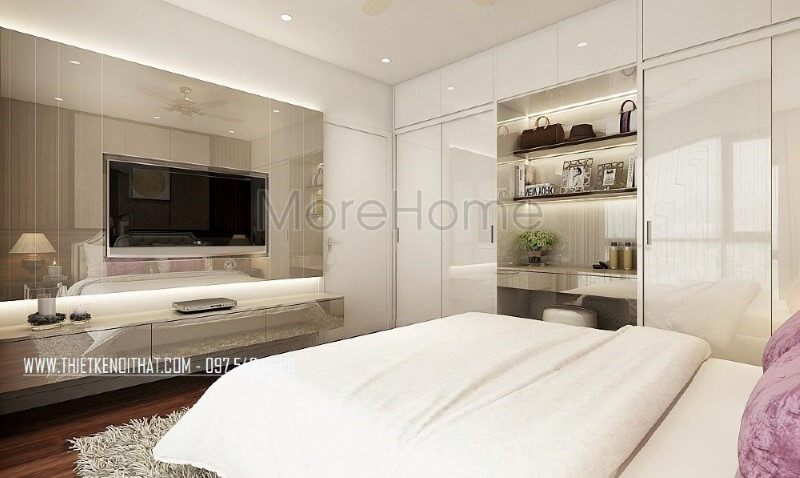 Trang trí nội thất phòng ngủ đẹp, sang trọng với kệ tivi hiện đại nổi bật cùng gạch ốp tường cao cấp.