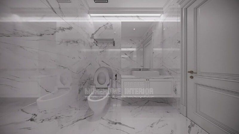 Trang trí phòng vệ sinh nhỏ đẹp ấn tượng với đá lát nền, ốp tường đồng bộ tạo nên sự độc đáo, mới lạ cho không gian.