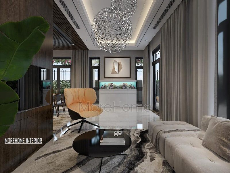 Bố trí nội thất phòng khách hiện đại độc đáo với bể cá phong thủy.