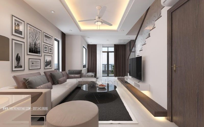Bố trí nội thất phòng khách hiện đại, thông thoáng, sang trọng.