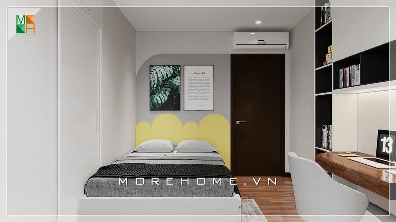 Mẫu giường sofa bọc vải khung gỗ hiện đại bố trí rất phù hợp với không phòng ngủ nhỏ chung cư, nhà phố.