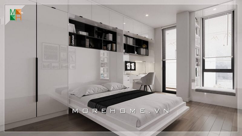 Mẫu giường ngủ thông minh, hiện đại màu trắng rất tinh tế và phù hợp với không gian nơi đây.