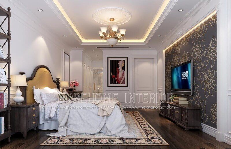 Mẫu giường ngủ chung cư phong cách tân cổ điển, chất liệu gỗ óc chó nâu trầm sang trọng tạo điểm nhấn cho cả không gian giường ngủ giá rẻi