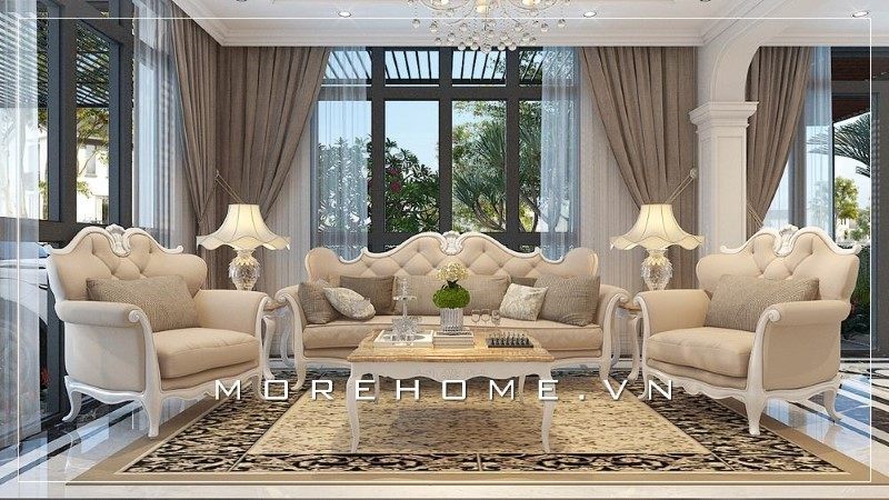 Phong cách tân cổ điển đang là xu hướng thịnh hành trong những năm gần đây và được áp dụng trong thiết kế phòng khách biệt thự.