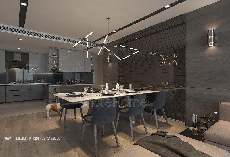 Khu vực phòng ăn được bố trí gần gũi với không gian phòng khách góp phần tạo nên một không gian ấm cúng trong ngôi nhà.