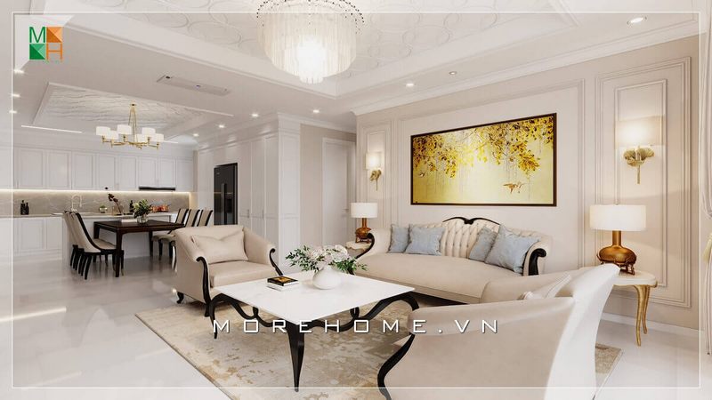 Sofa phòng khách màu kem tân cổ điển đẳng cấp sẽ mang lại sự sang trọng cho không gian ngôi nhà bằng nét tinh tế của nó.